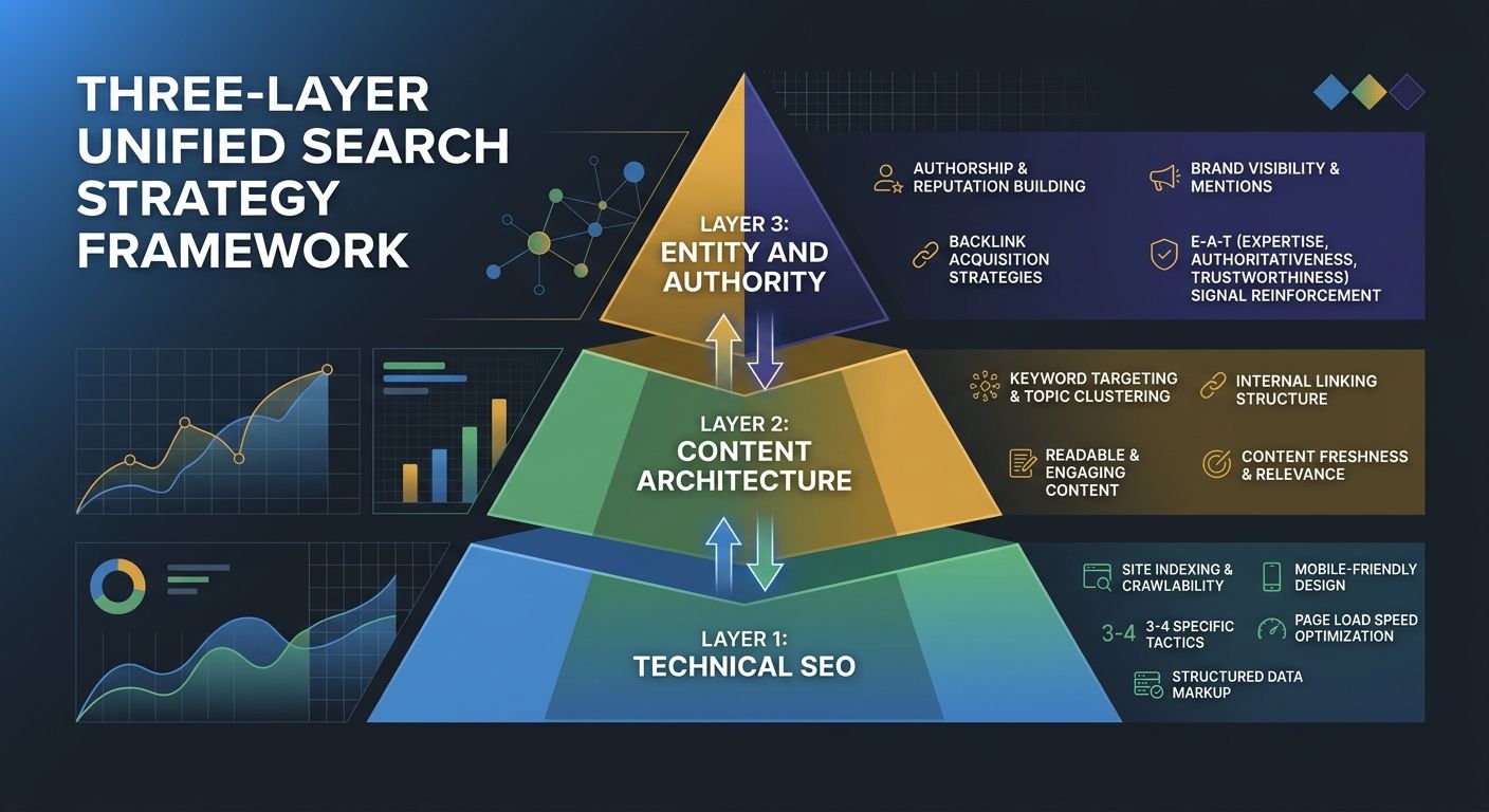 infographic showing the three-layer unified search strategy framework with Layer 1 Technical SEO as the foundation, Layer 2 Content Architecture in the middle, and Layer 3 Entity and Authority at the