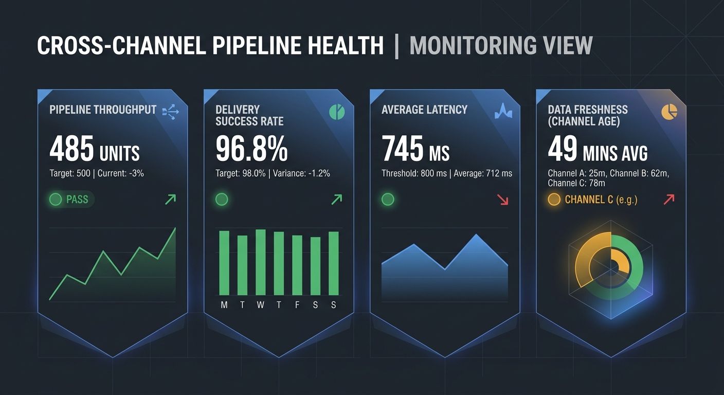 A dashboard mockup showing the four cross-channel pipeline health metrics in a monitoring view, with green/yellow/red status indicators and trend arrows for each metric
