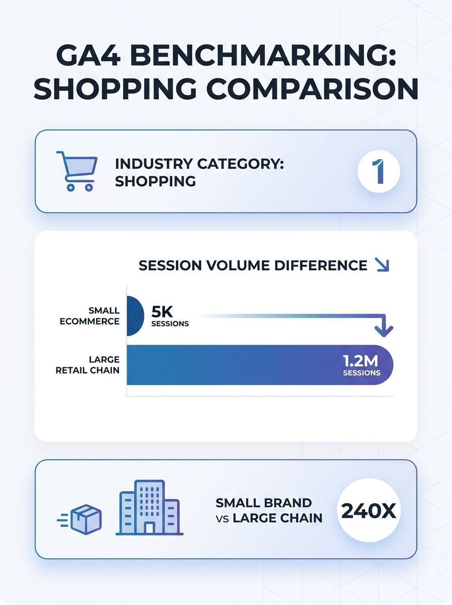 A dashboard mockup showing GA4 benchmarking interface with a comparison chart highlighting how a small ecommerce brand and a large retail chain both appear in the same "Shopping" industry category, wi