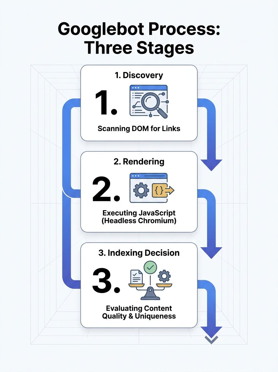 A three-stage pipeline diagram showing Googlebot's process: Discovery (scanning DOM for links) → Rendering (executing JavaScript in headless Chromium) → Indexing Decision (evaluating content quality a