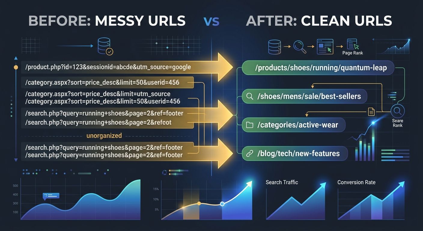 Before-and-after comparison showing a messy URL structure with parameters and session IDs on the left transforming into clean hierarchical URLs on the right, with arrows indicating PageRank consolidat