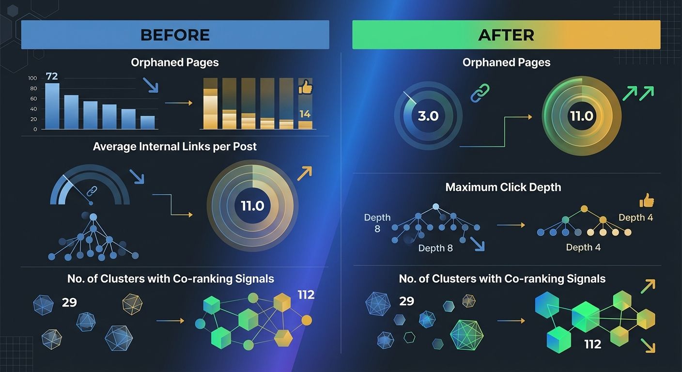 A before-and-after comparison chart showing key site metrics including orphaned pages, average internal links per post, maximum click depth, and number of clusters showing co-ranking signals, with cle