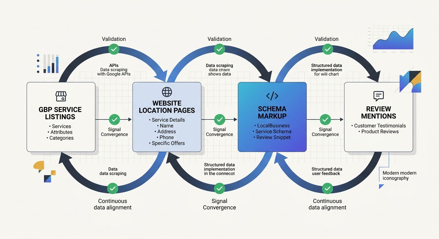 flowchart showing the entity validation loop between GBP service listings, website location pages, schema markup, and review mentions, with green checkmarks indicating signal convergence