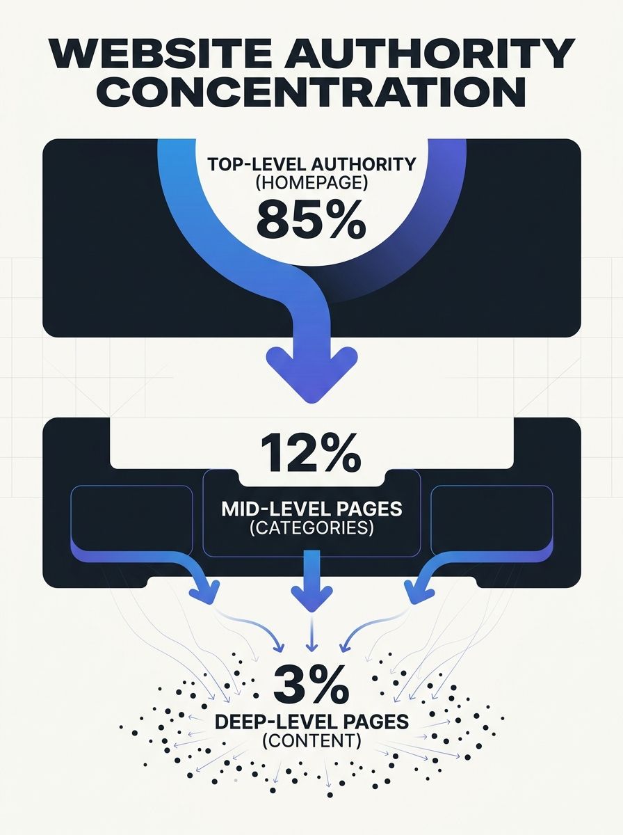 conceptual diagram showing a website hierarchy where authority concentrates heavily at the top level, with thin trickles of link equity reaching deeper pages at levels three and four