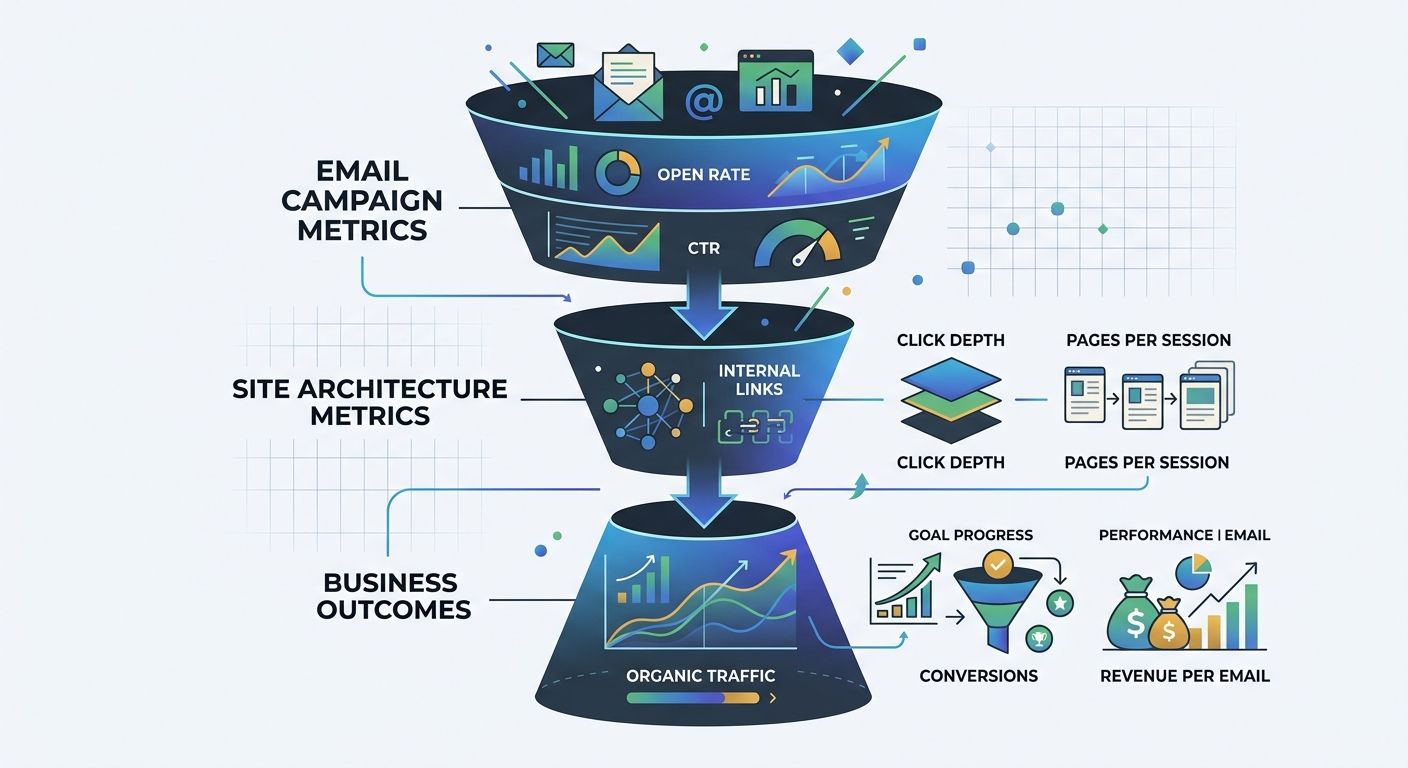 an infographic showing a funnel-style diagram with email campaign metrics (open rate, CTR) on top flowing into site architecture metrics (internal links, click depth, pages per session) and then into 