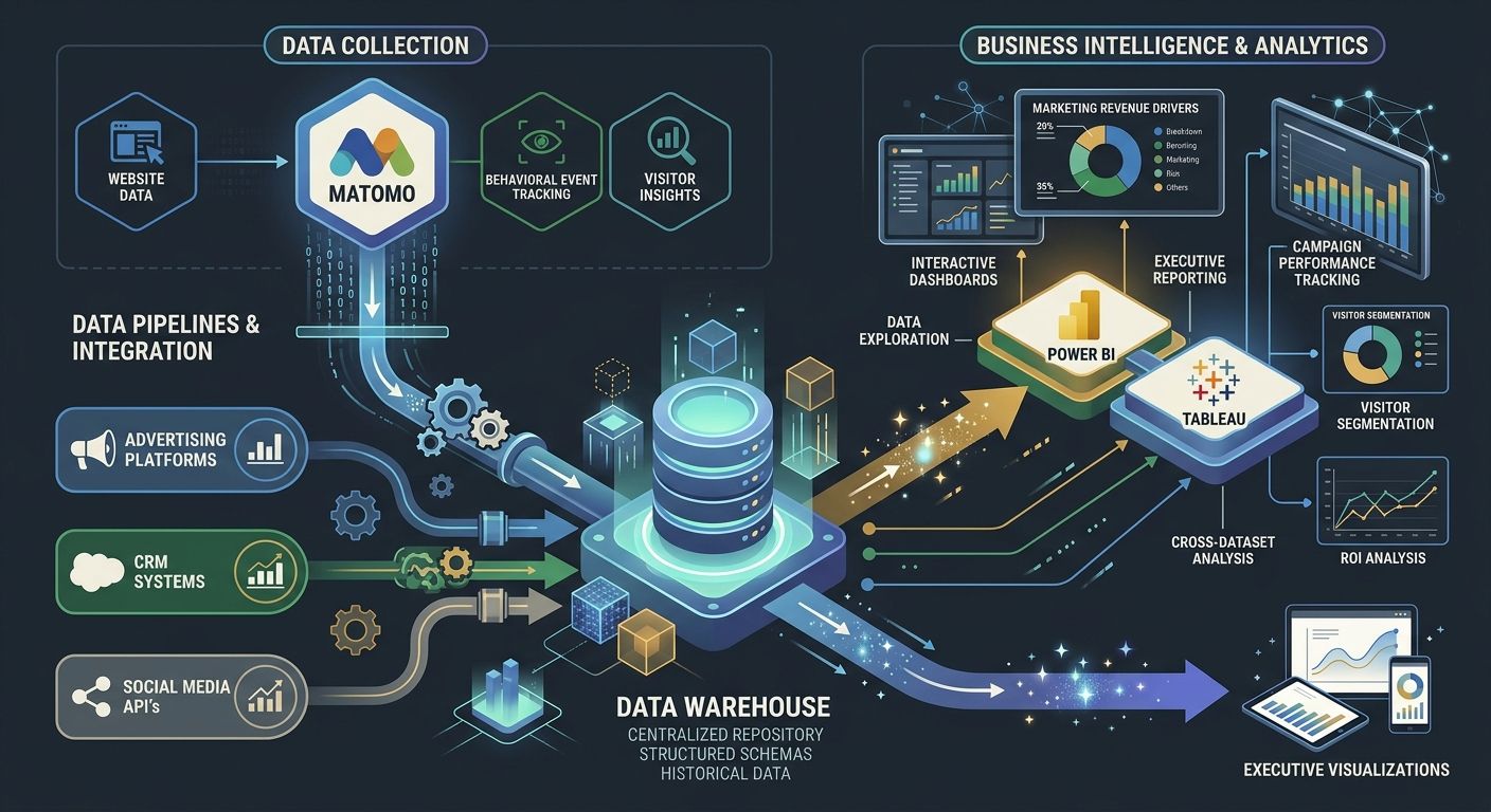 A workflow diagram showing a practical 2026 marketing analytics stack with Matomo collecting web data, a data warehouse in the middle, and Power BI or Tableau pulling from multiple sources for executi