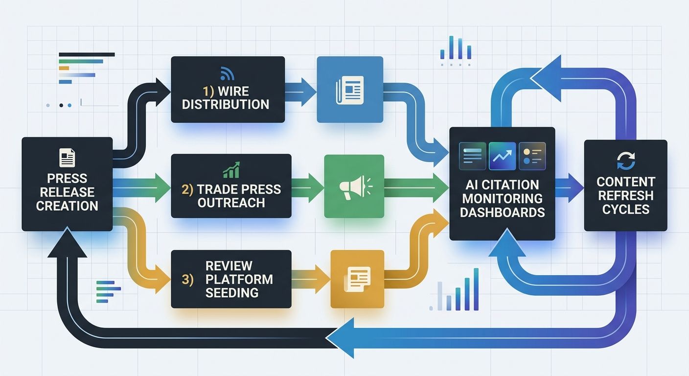 A flowchart showing the PR-to-citation pipeline workflow starting from press release creation, branching into wire distribution and trade press outreach and review platform seeding, converging into AI