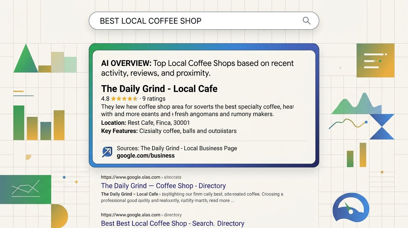 Screenshot-style illustration of a Google search results page showing an AI Overview box at the top citing a local business page, with traditional organic results pushed below the fold