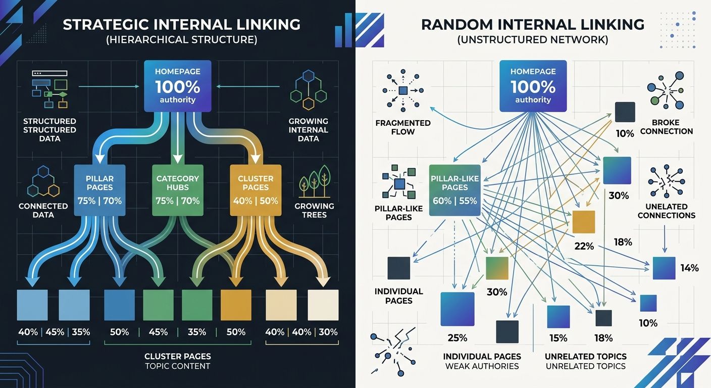 infographic showing a cascading flow diagram comparing two sites — one with strategic internal linking showing strong PageRank flowing from homepage through pillar to cluster pages, and one with rando