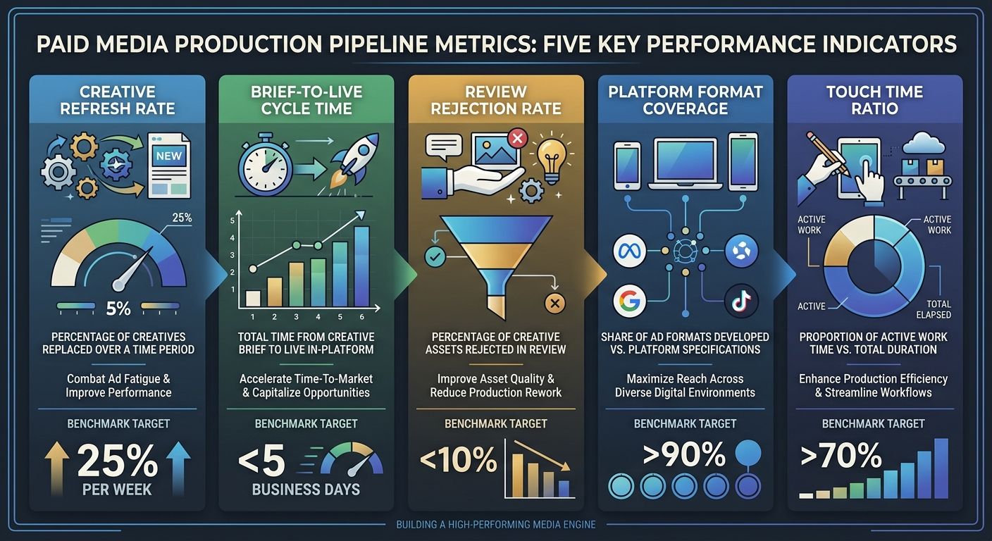 An infographic displaying five key production pipeline metrics for paid media teams—creative refresh rate, brief-to-live cycle time, review rejection rate, platform format coverage, and touch time rat