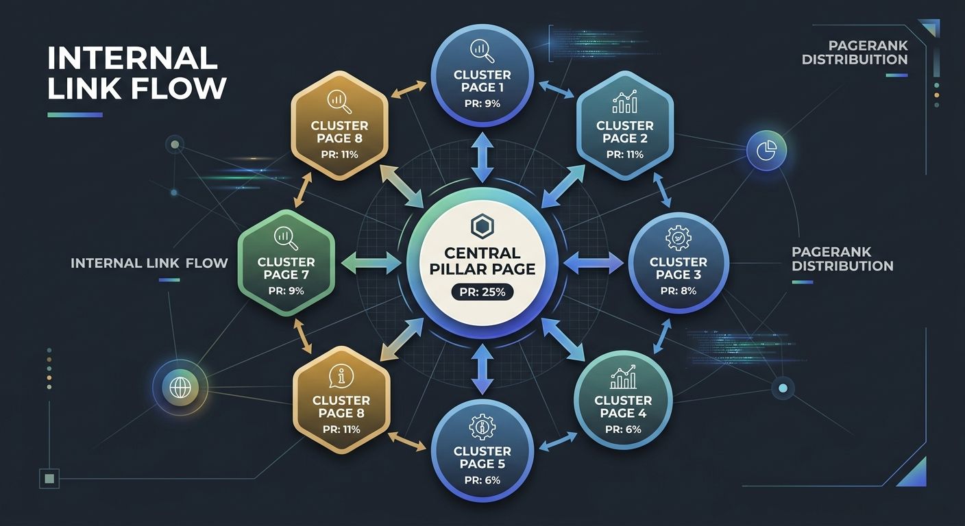Infographic showing a topic cluster model with a central pillar page connected to 8 cluster content pages, with bidirectional arrows showing internal link flow and PageRank distribution percentages at