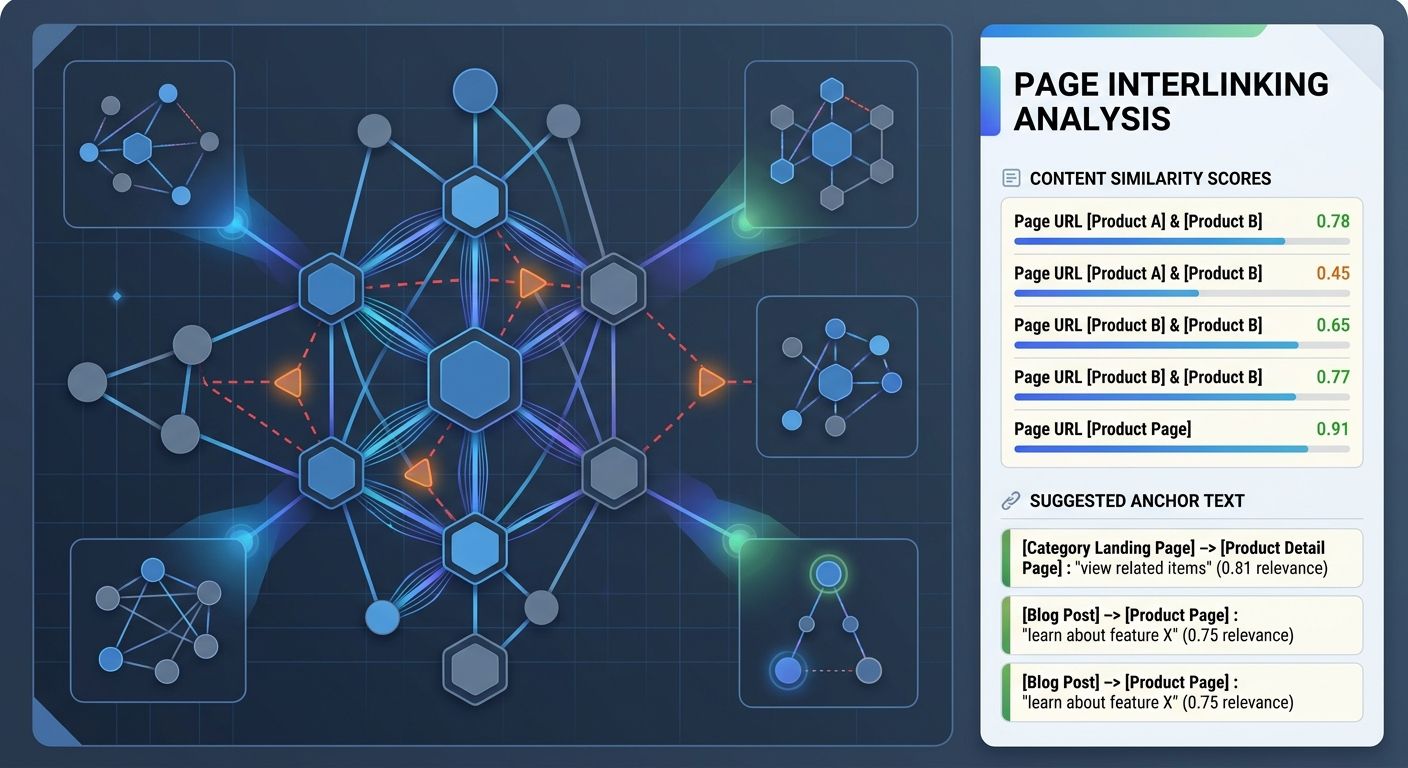 A visual showing a network graph of website pages with highlighted connection gaps where internal links are missing, alongside a sidebar showing similarity scores and suggested anchor text for each pr