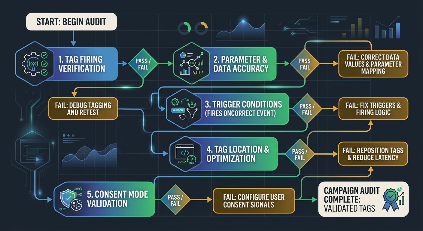 A flowchart showing the five-point social campaign tag audit process, starting with tag firing verification and ending with consent mode validation, with pass/fail decision points at each step