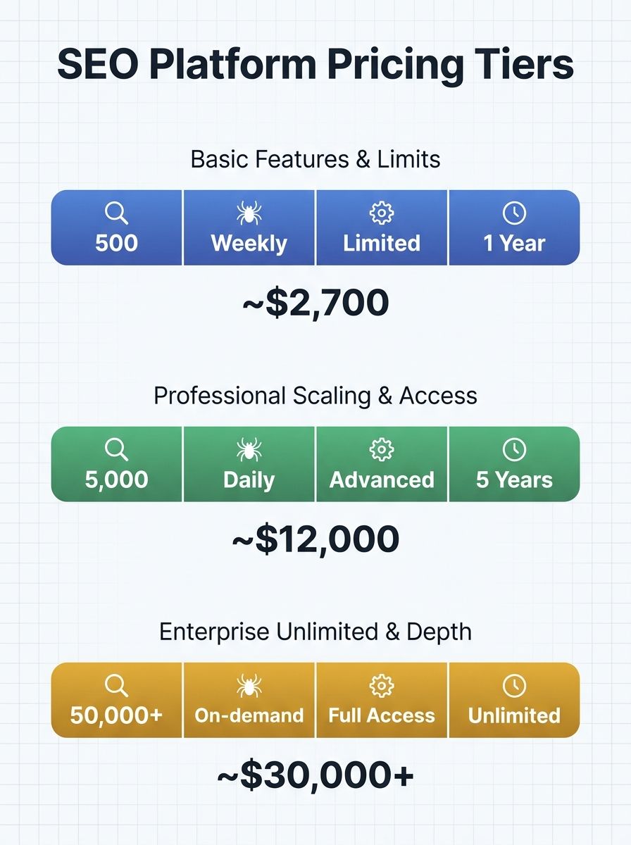 An infographic comparing three pricing tiers of typical SEO platforms, showing feature restrictions at each level including keyword limits, crawl frequency caps, API access, and historical data depth,