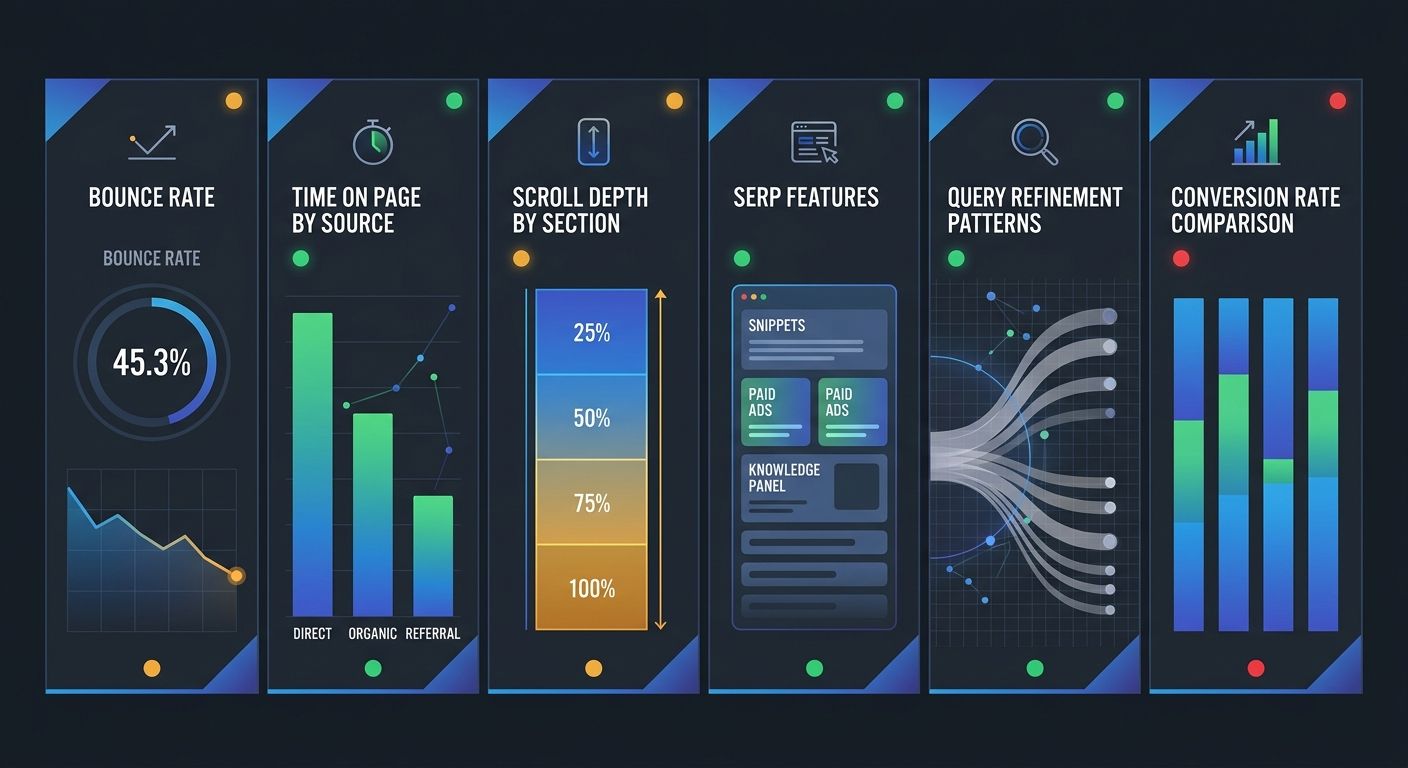 A diagnostic dashboard mockup showing the six audit signals side by side for a single page, with red/yellow/green indicators for bounce rate, time on page by source, scroll depth, SERP features, query