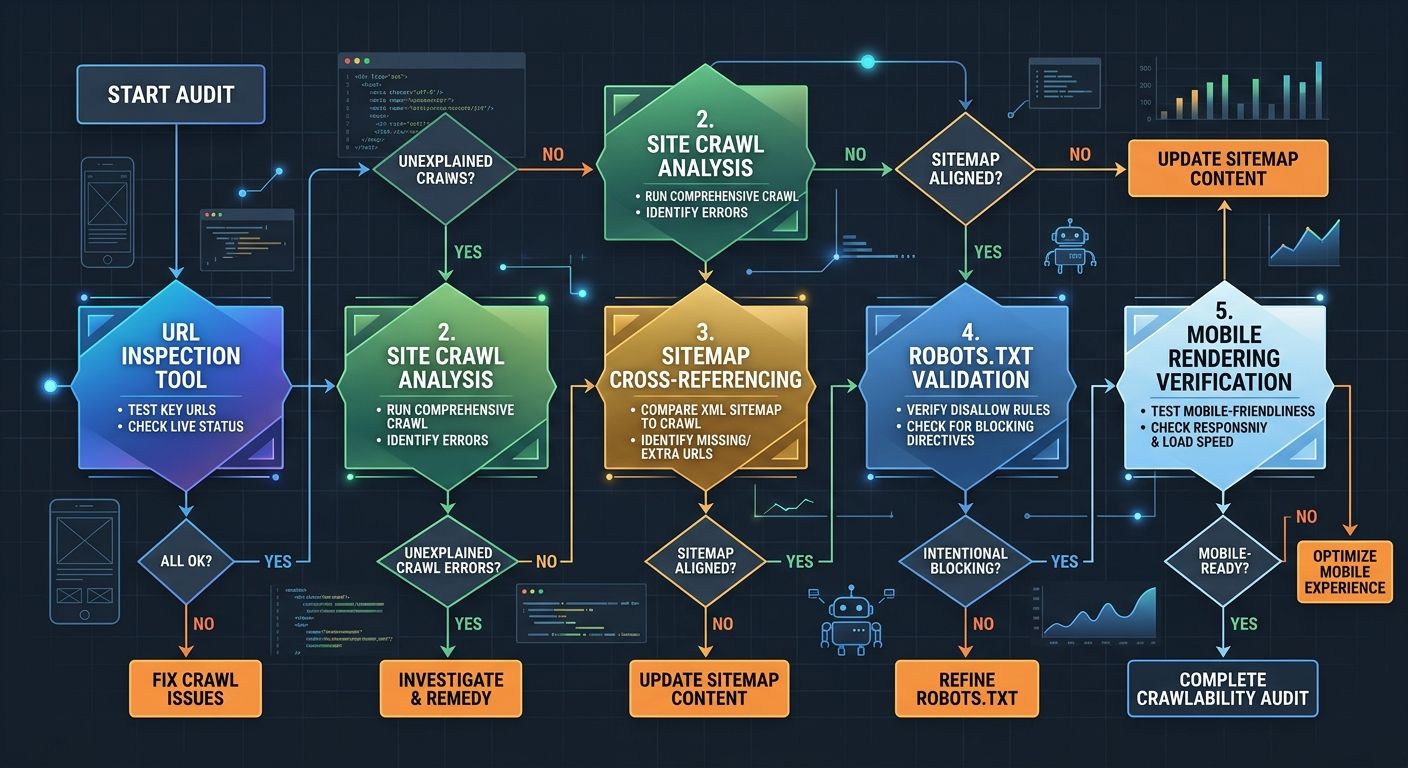 A flowchart showing a five-step developer crawlability audit sequence, starting with URL Inspection tool testing, flowing through site crawl analysis, sitemap cross-referencing, robots.txt validation,