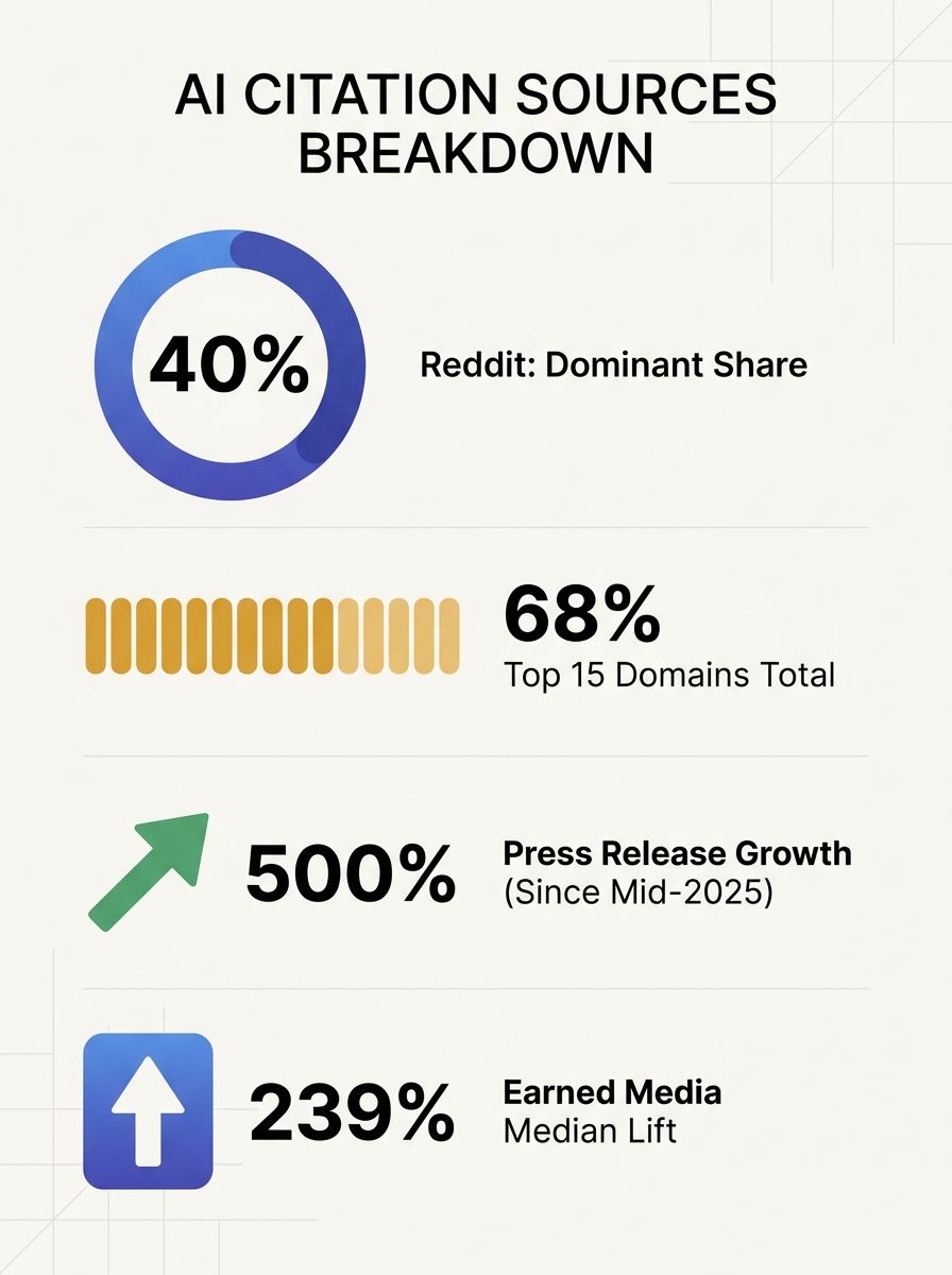 Infographic showing the breakdown of AI citation sources with Reddit at 40 percent share, the top 15 domains capturing 68 percent of citations, press release citation growth of 500 percent since mid-2