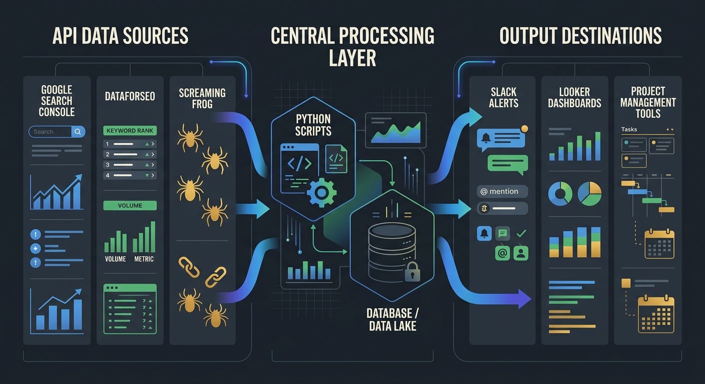 A diagram showing a custom SEO data pipeline architecture with API sources on the left (Google Search Console, DataforSEO, Screaming Frog) flowing through a central processing layer (Python scripts, d