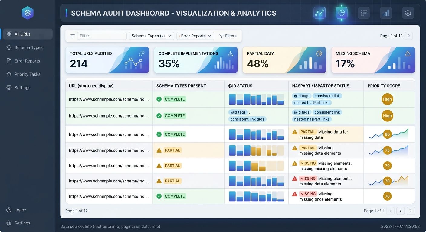 Screenshot-style mockup of a schema audit spreadsheet with columns for URL, schema types present, @id status, hasPart/isPartOf status, and priority score — showing a mix of complete, partial, and miss