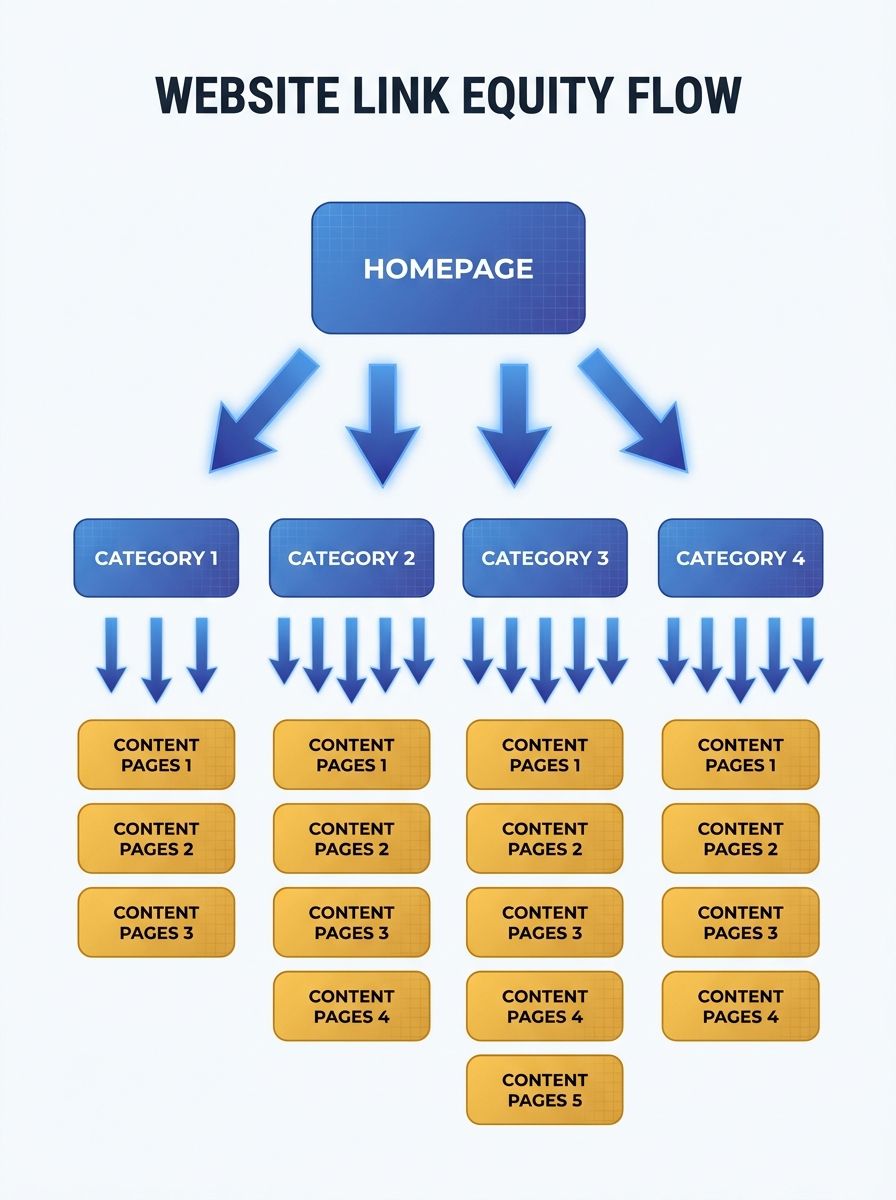 a simple website hierarchy diagram showing homepage connecting to 4 category pages, each connecting to 3-5 content pages, with arrows indicating link equity flowing downward
