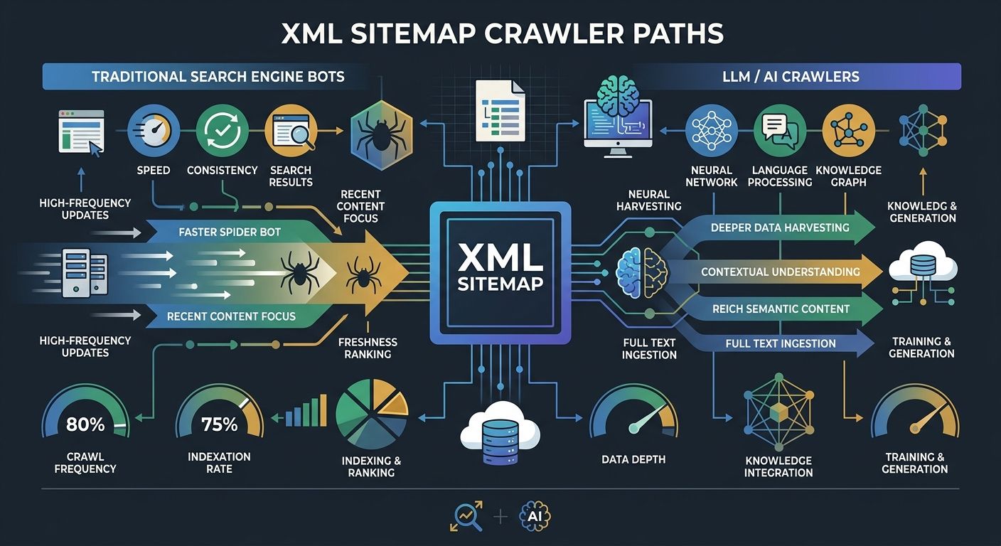 A diagram showing how a single XML sitemap serves two types of crawlers - traditional search engine bots on one path and LLM/AI crawlers on another path, with arrows indicating different freshness pre