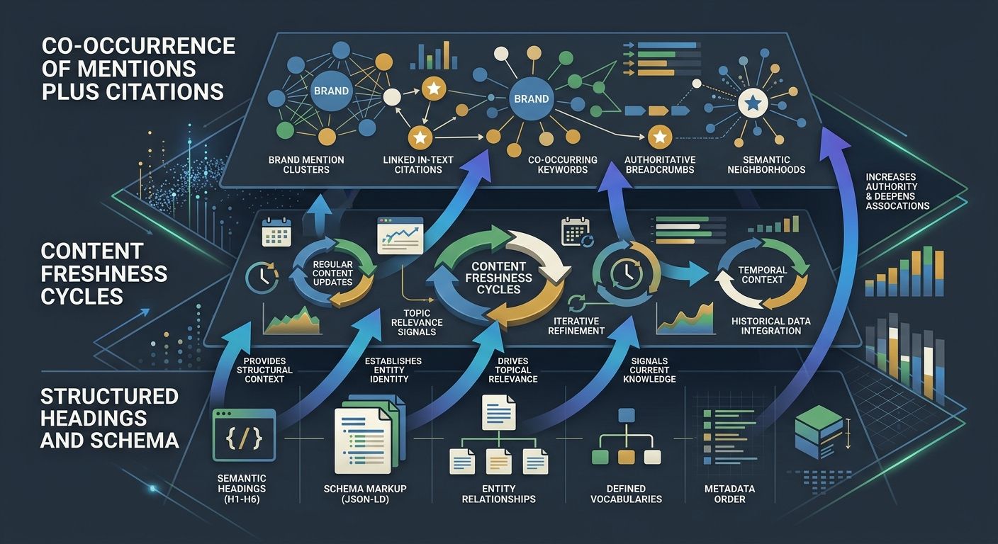A three-layer diagram showing brand mention architecture with structured headings and schema at the base, content freshness cycles in the middle, and co-occurrence of mentions plus citations at the to