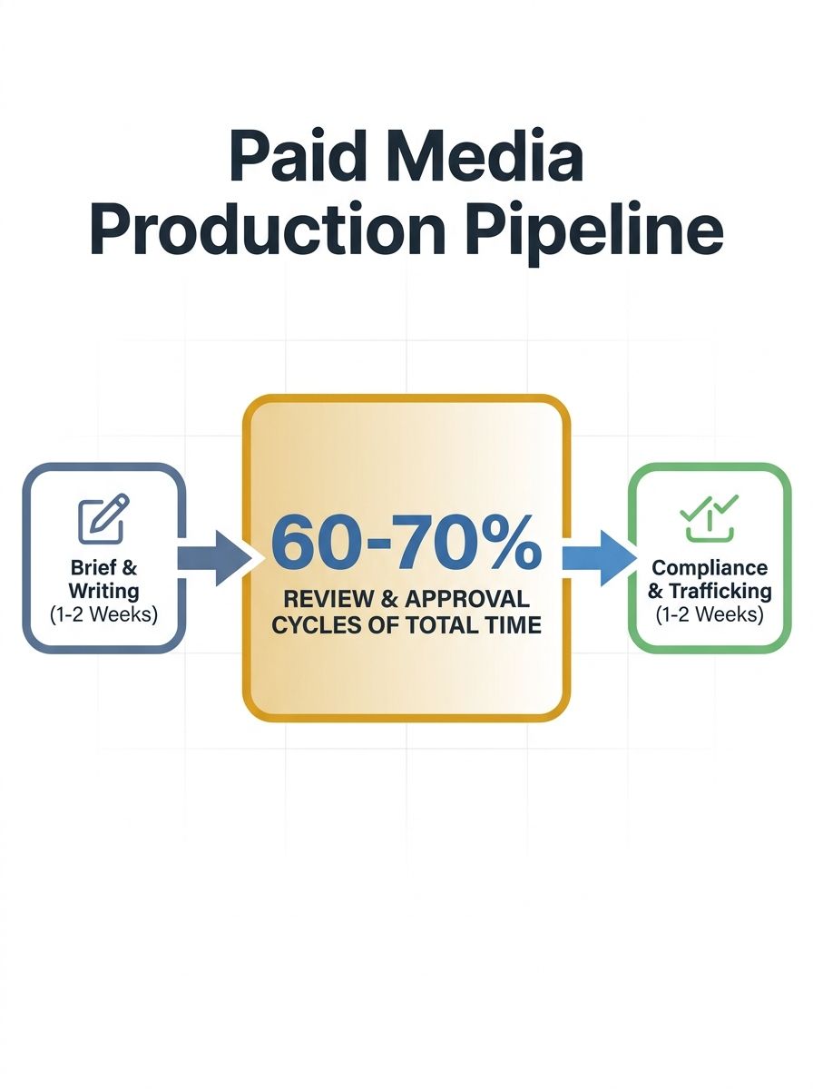 A horizontal flowchart showing the content production pipeline for paid media, with time durations for each stage—brief creation, writing, review cycles, compliance, formatting, and trafficking—highli