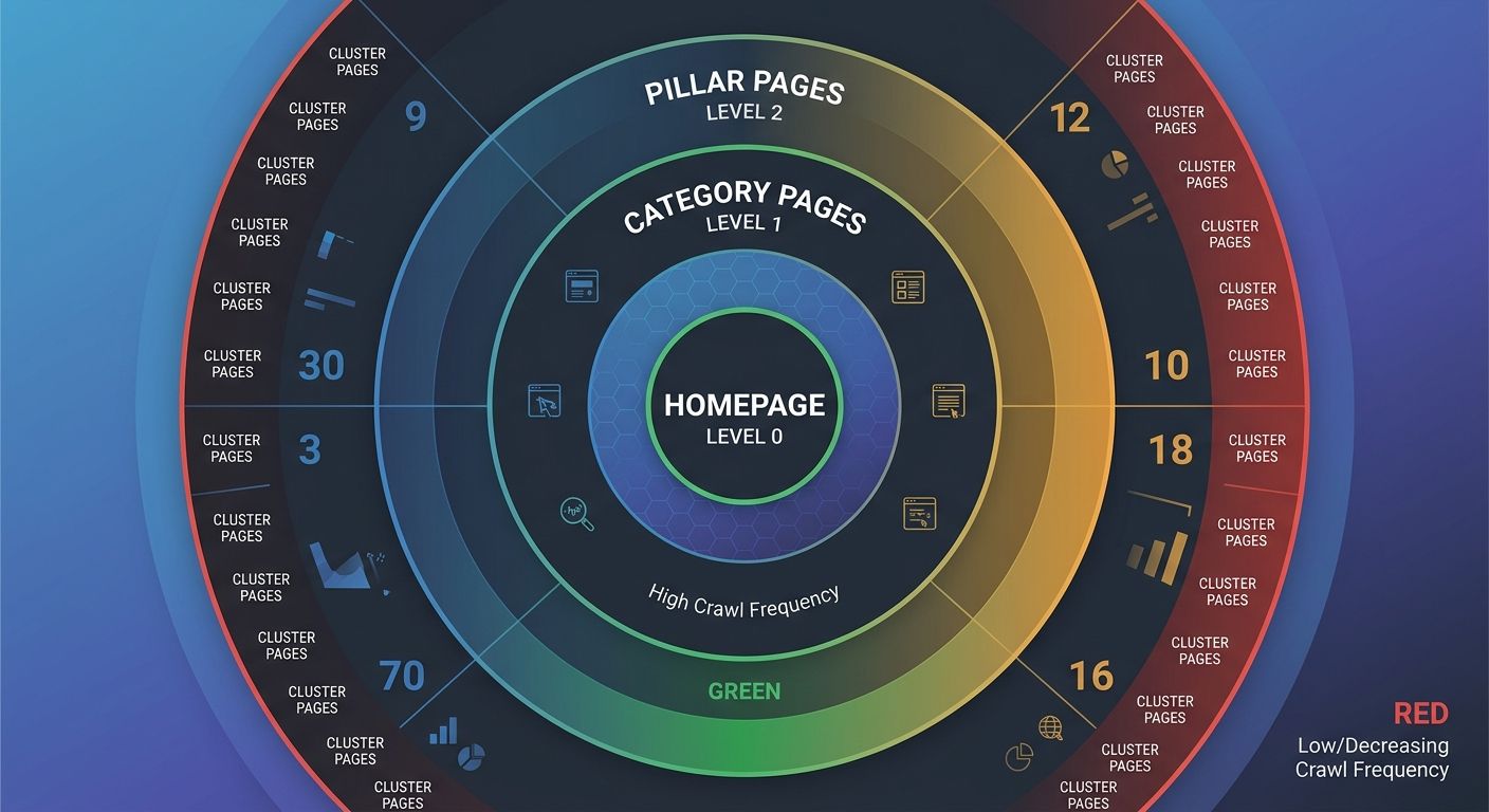 concentric circles representing website hierarchy depth, with homepage at the center labeled 'Level 0', category pages in the second ring labeled 'Level 1', pillar pages in the third ring labeled 'Lev