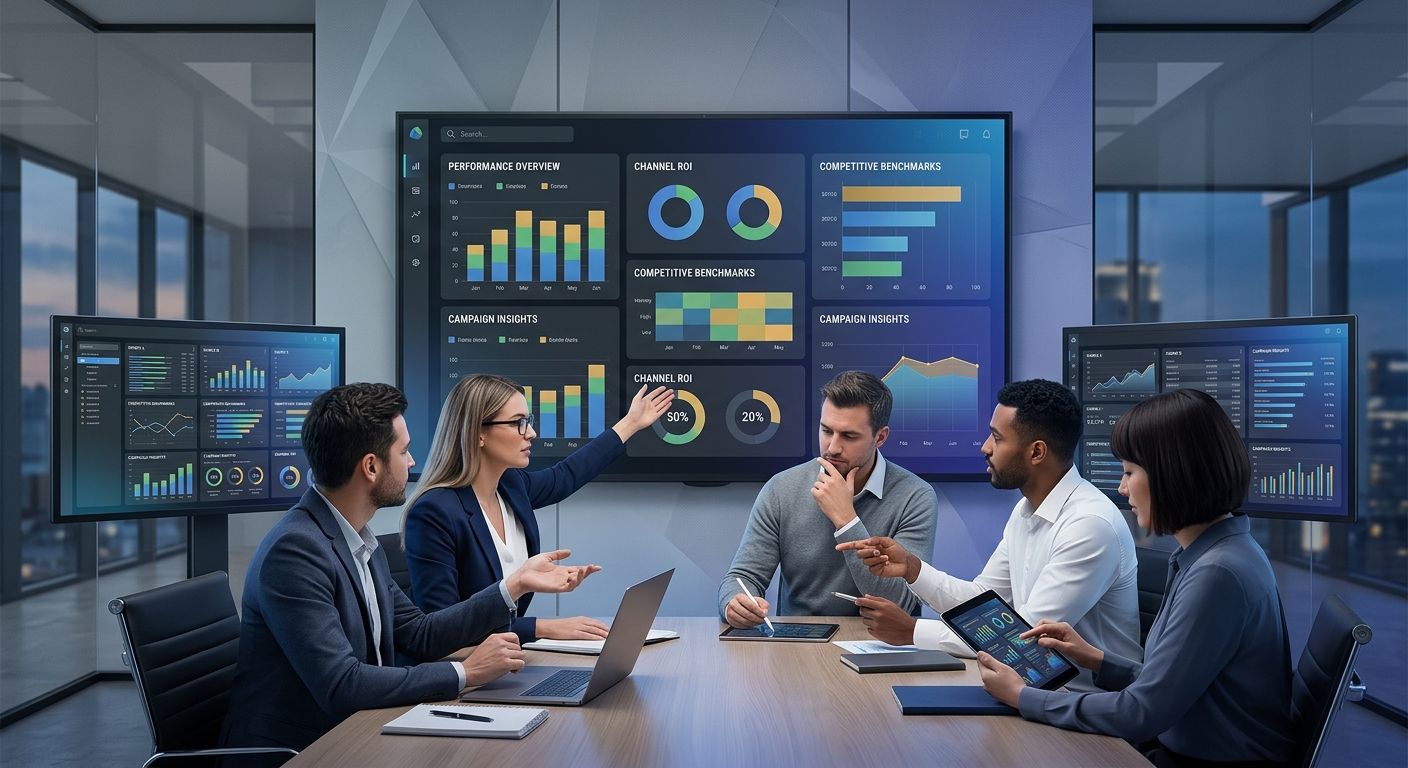 A team of marketing analysts gathered around a conference table with multiple screens showing different analytics dashboards, highlighting the complexity of reconciling data from multiple benchmarking