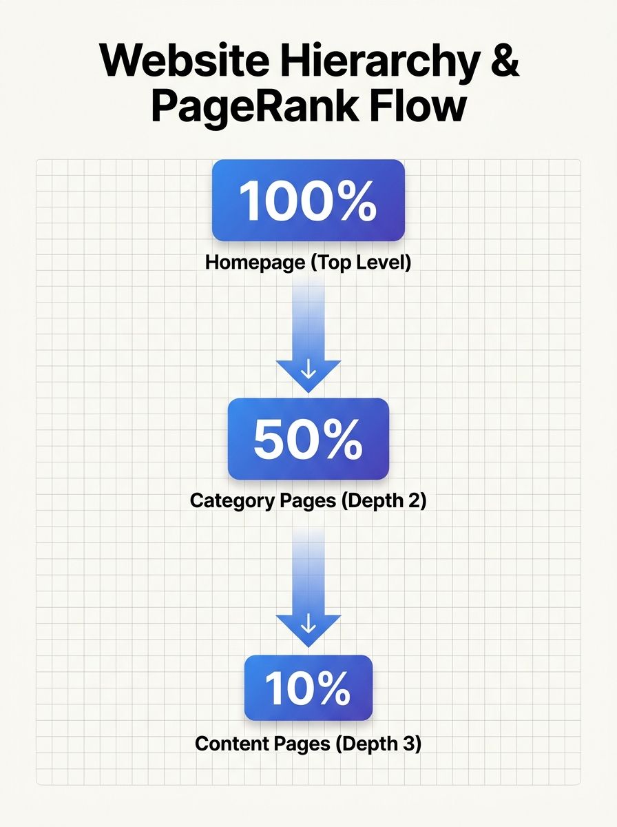 Diagram showing a website hierarchy with homepage at top, category pages at depth 2, and content pages at depth 3, with arrows indicating PageRank flow decreasing at each level