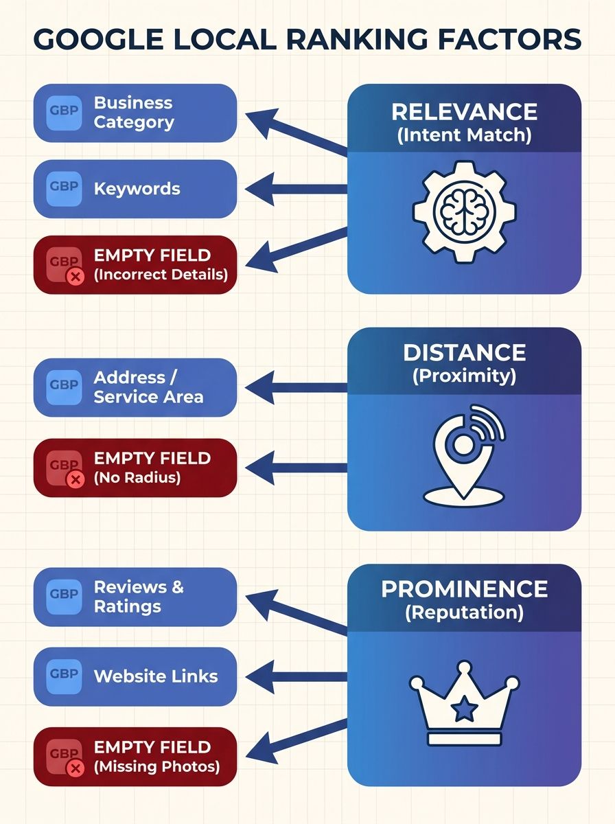 diagram showing Google's three local ranking factors (relevance, distance, prominence) with arrows indicating which GBP fields feed into each factor, with empty fields shown in red