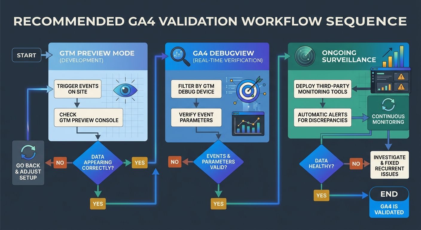 A flowchart showing the recommended GA4 validation workflow sequence: start with GTM Preview Mode during development, use DebugView for real-time event verification, then deploy third-party monitoring