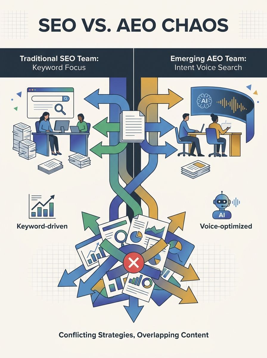 split illustration showing two separate marketing teams working on SEO and AEO at different desks with conflicting arrows and overlapping content documents, creating organizational chaos