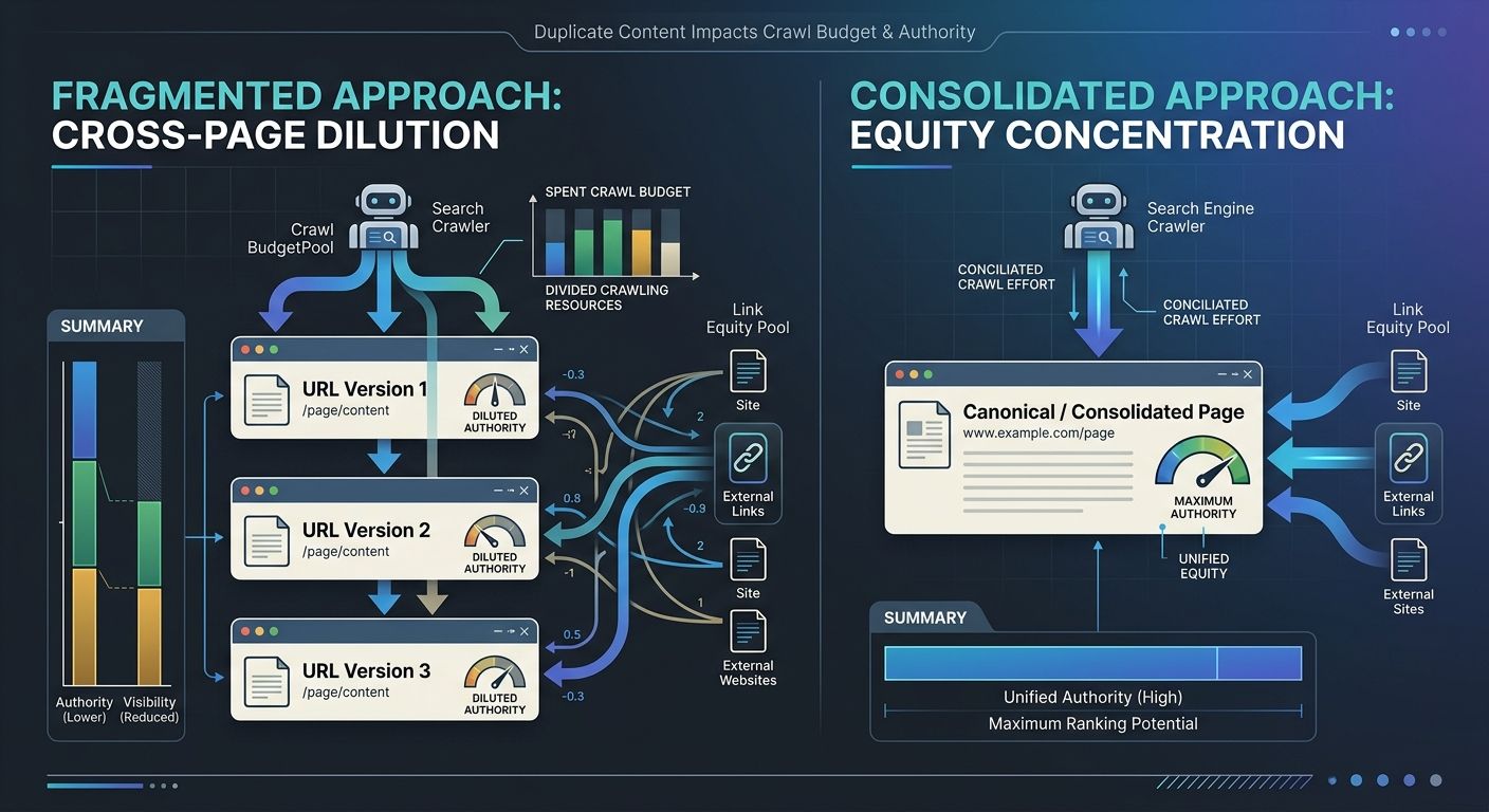 A diagram showing how duplicate content splits crawl budget and link equity, with arrows showing authority dilution across three URL versions of the same page compared to a consolidated single-URL app