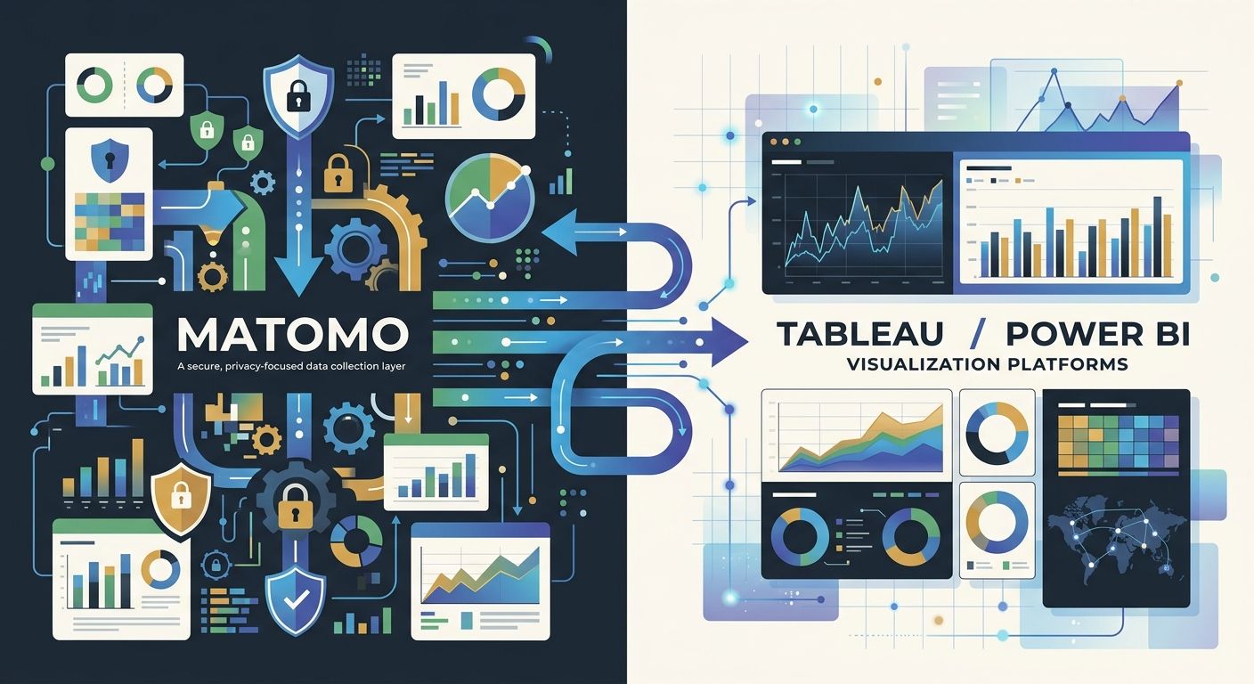 A split illustration showing Matomo's role as a privacy-first data collection layer feeding into Tableau or Power BI for visualization, with data flow arrows and privacy shield icons at the Matomo sta