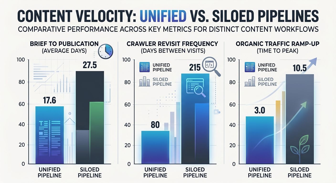 A bar chart comparing content velocity metrics — average days from brief to publication, crawler revisit frequency, and organic traffic ramp-up time — for teams with unified vs. siloed content pipelin
