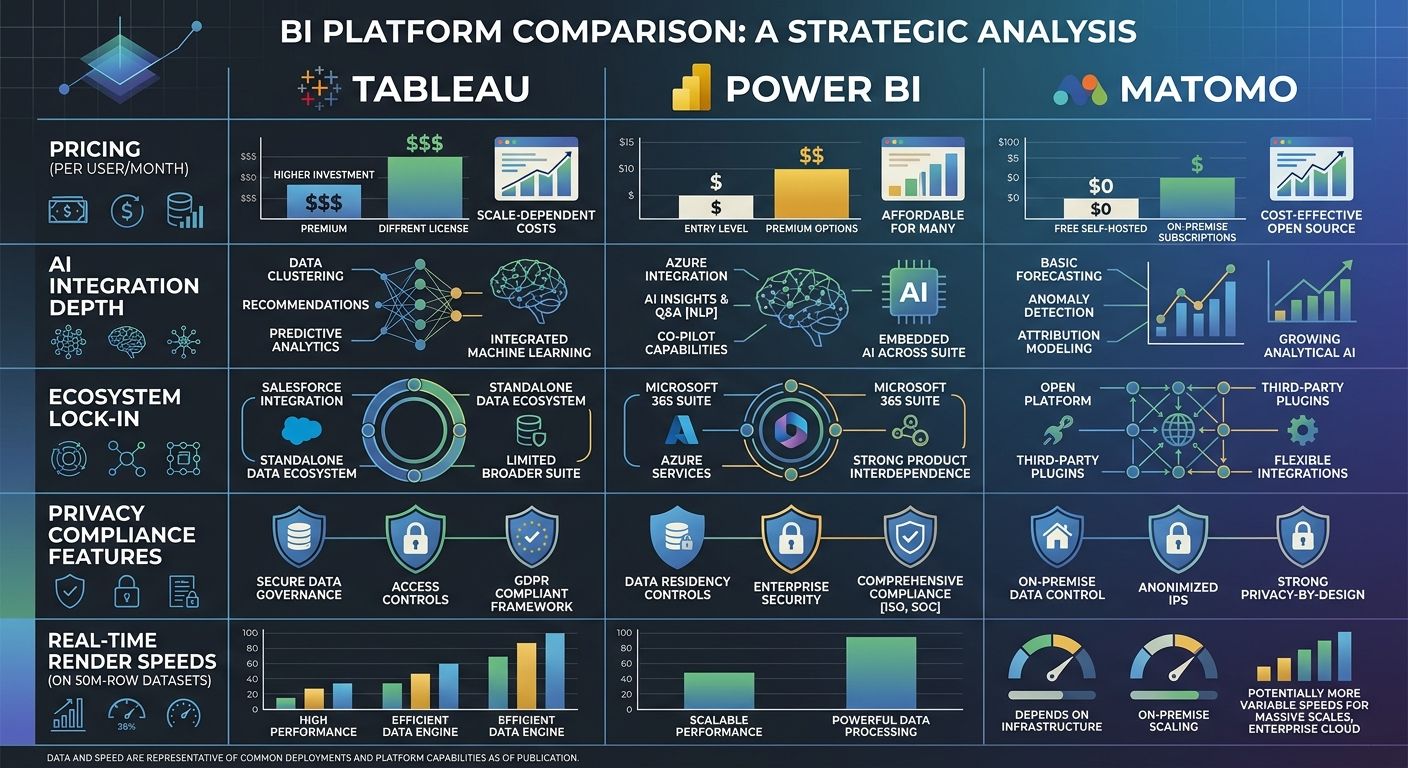 An infographic comparing Tableau, Power BI, and Matomo across five dimensions: pricing per user per month, AI integration depth, ecosystem lock-in, privacy compliance features, and real-time dashboard