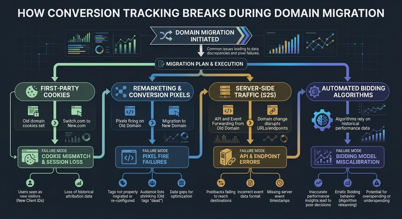 flowchart showing how conversion tracking breaks during domain migration, with branches for first-party cookies, remarketing pixels, server-side tracking, and automated bidding algorithms, each leadin