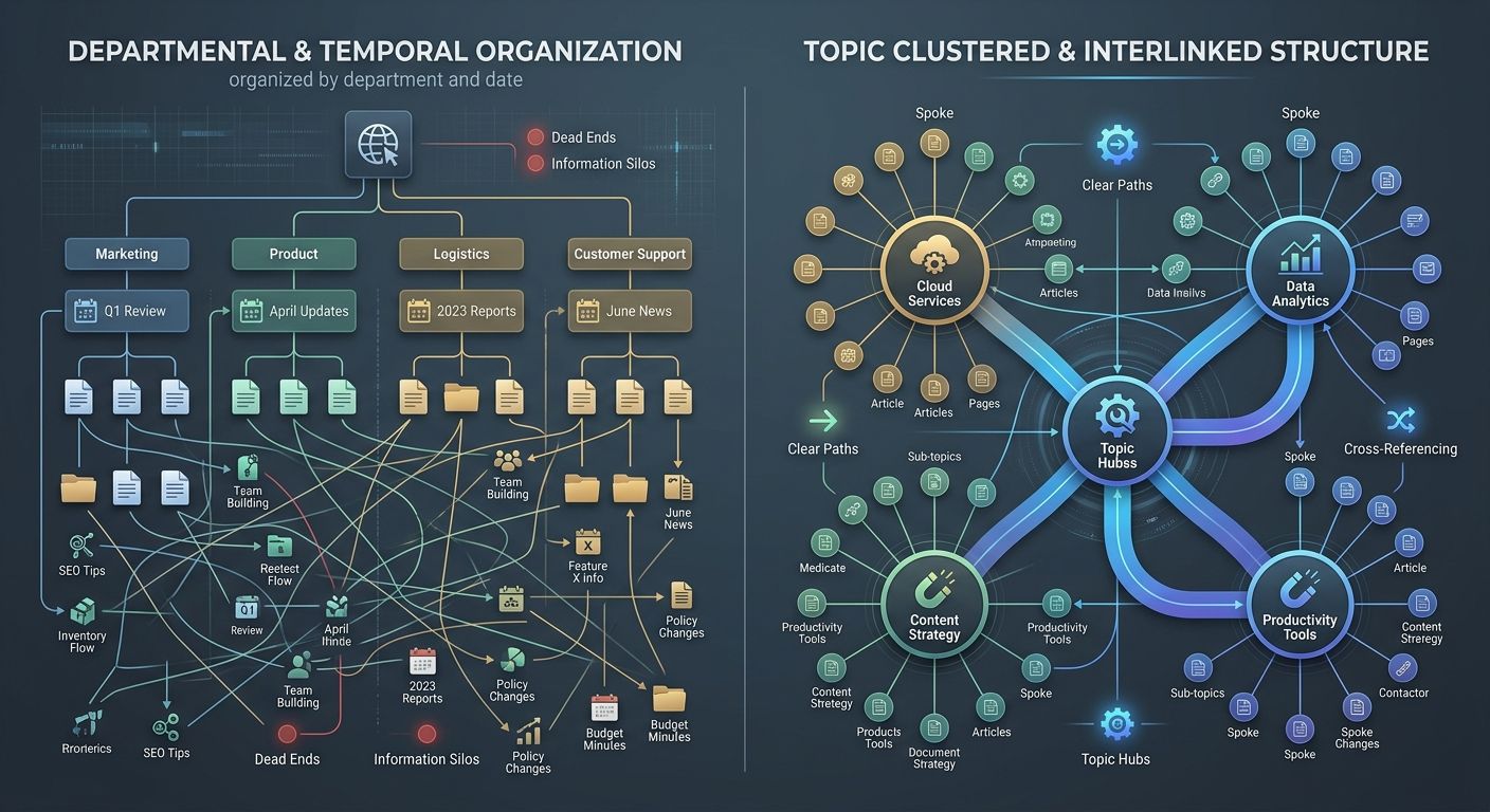 A visual comparison of two site structures side by side—one organized by department and date with scattered topics, and one organized by topic clusters with clear hub-and-spoke relationships showing i