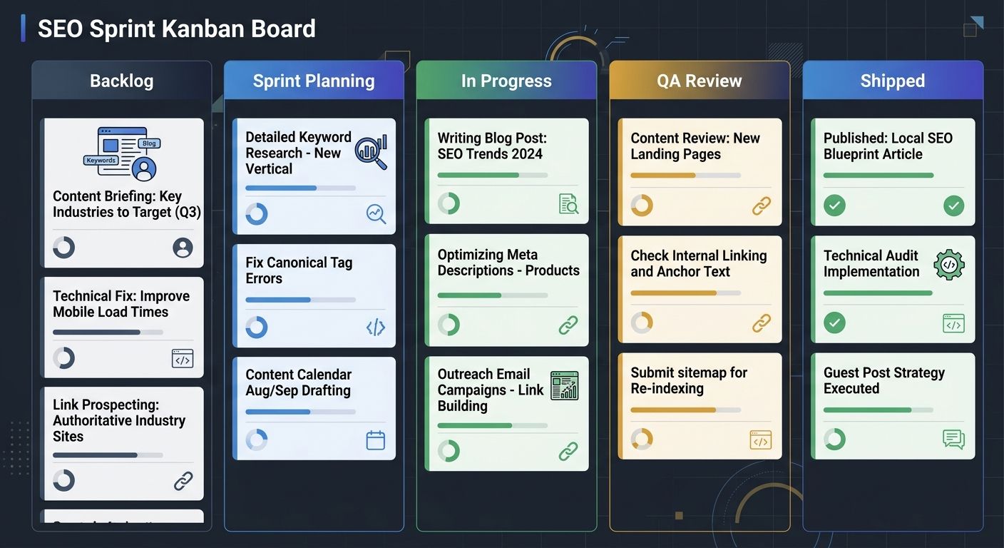 A kanban board layout showing SEO sprint tasks organized into columns: Backlog, Sprint Planning, In Progress, QA Review, and Shipped, with sample task cards for content creation, technical fixes, and 