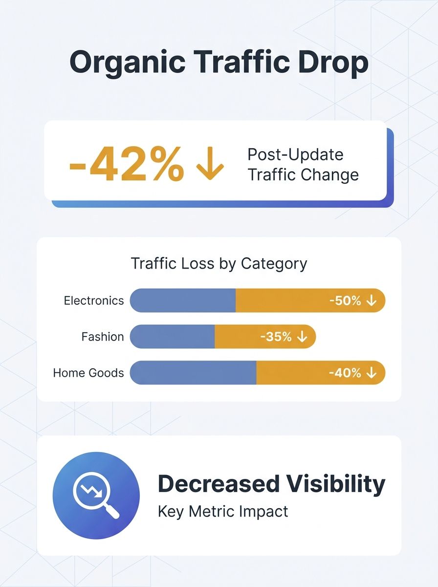 E-commerce dashboard showing sudden organic traffic drop across multiple product categories following algorithm update