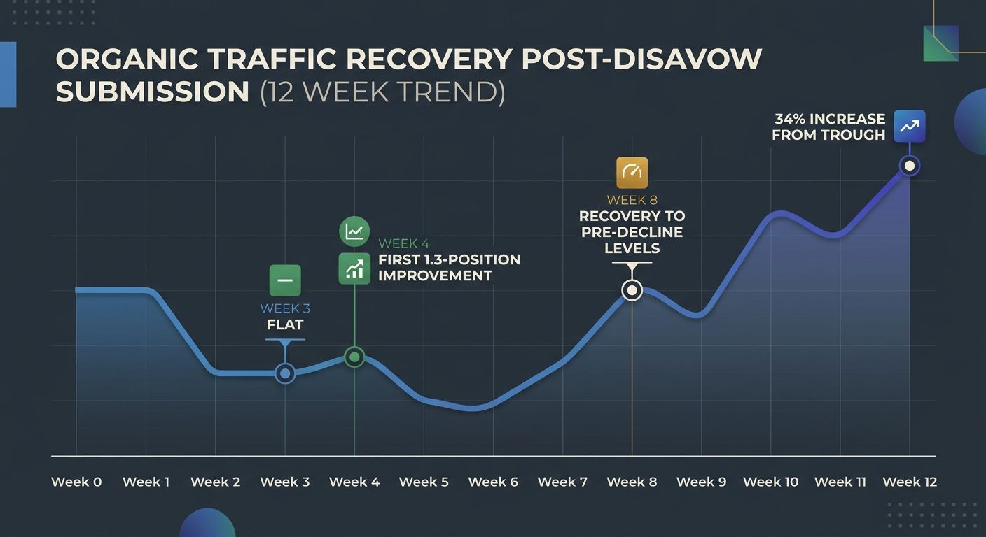 A line graph showing organic traffic recovery over 12 weeks post-disavow submission, with key milestones marked at week 3 (flat), week 4 (first 1.3-position improvement), week 8 (recovery to pre-decli
