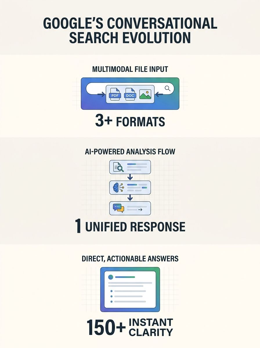 Google search interface showing conversational AI input accepting multiple file types and generating direct answers