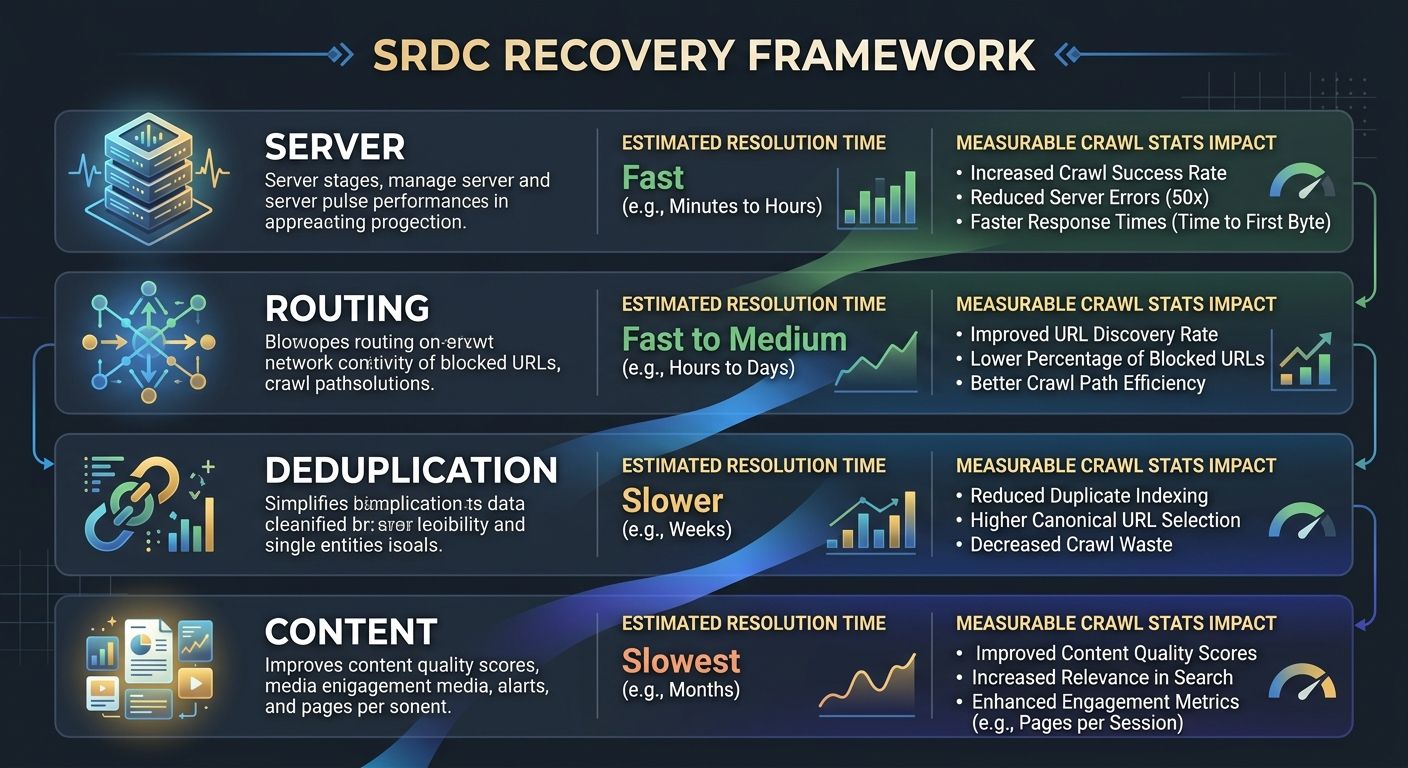 An infographic showing the four-layer SRDC recovery framework with icons for each layer (server, routing, deduplication, content), estimated resolution time for each layer, and the measurable crawl st