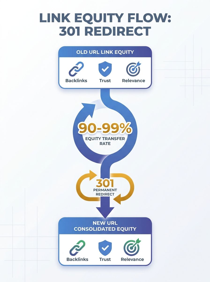 Diagram showing how link equity flows from an old URL through a 301 redirect to a new URL, with percentage labels showing 90-99% equity transfer and signal types like backlinks, trust, and relevance