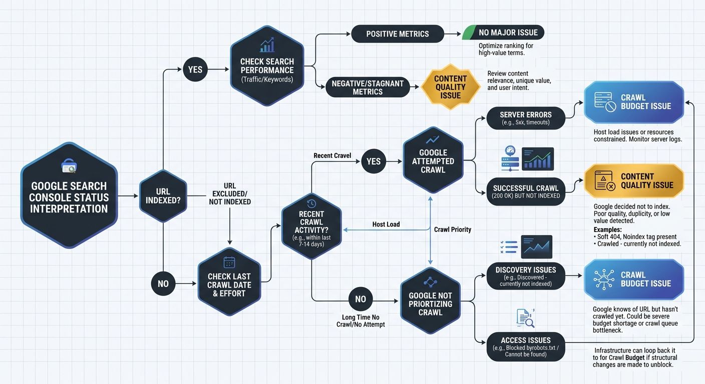 A decision tree diagram showing how to interpret Google Search Console's crawl and index statuses, branching into content quality issues versus crawl budget issues based on last crawl date