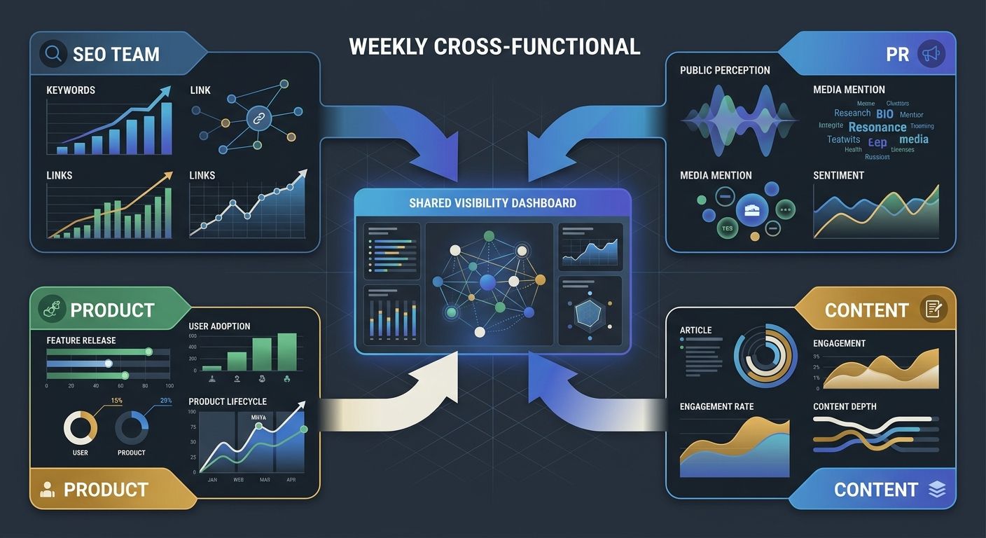 a diagram of a weekly cross-functional meeting workflow showing SEO, PR, content, and product teams feeding into a shared visibility dashboard with unified brand entity descriptions