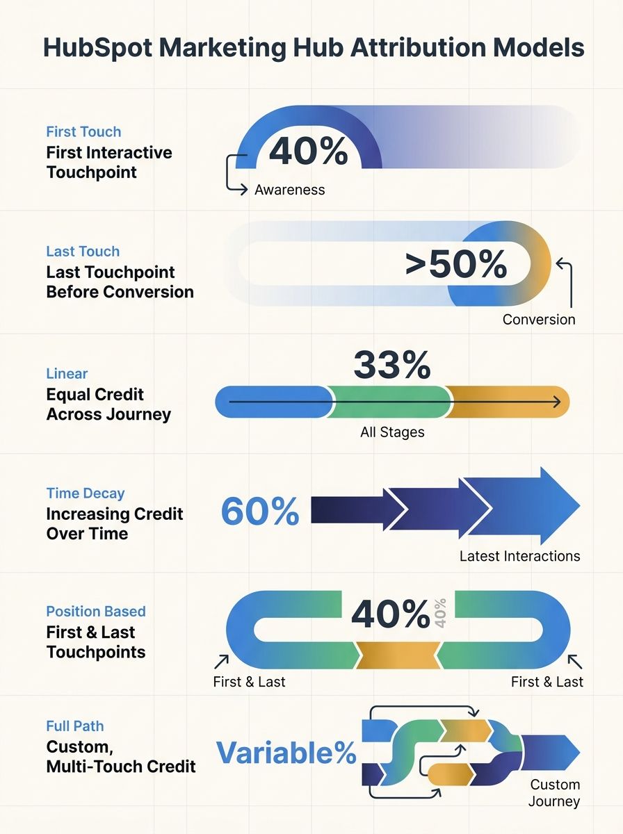 HubSpot Marketing Hub attribution model comparison dashboard showing six different attribution approaches with percentage splits across buyer journey touchpoints