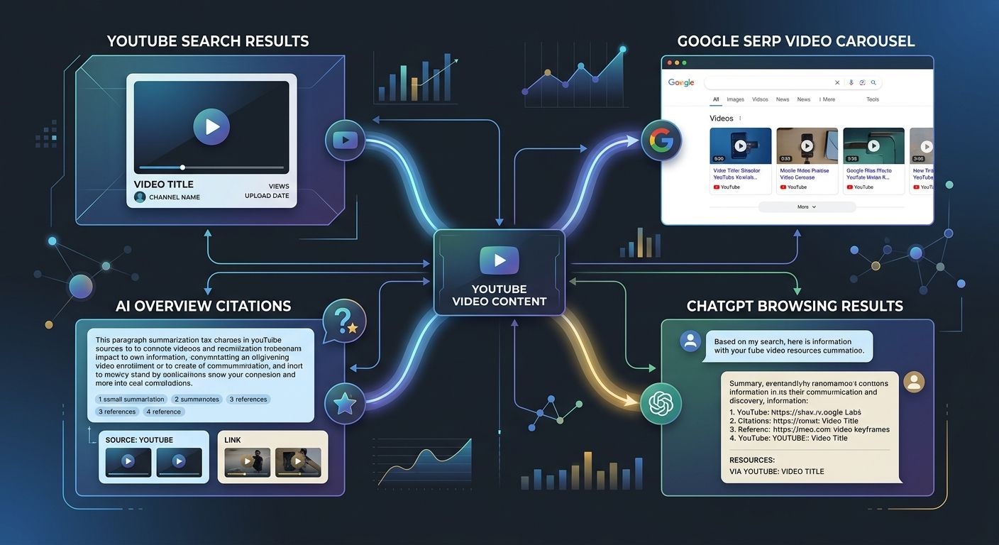 A diagram showing how a single YouTube video can appear across four discovery surfaces simultaneously including YouTube search results, Google SERP video carousel, AI Overview citations, and ChatGPT b