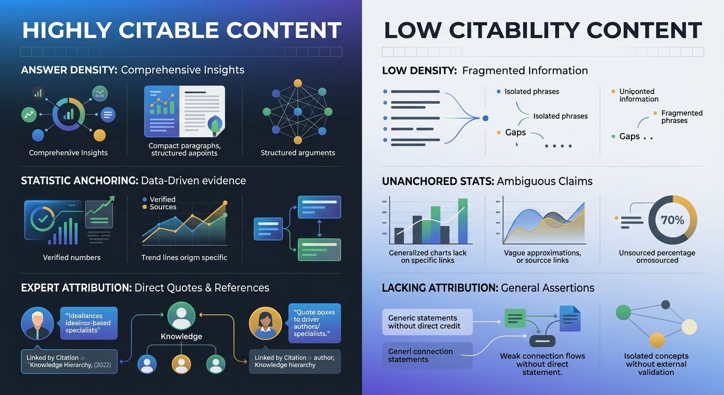 A side-by-side comparison showing content that earns AI citations versus content that doesn't, highlighting structural differences like answer density, statistic anchoring, and expert attribution